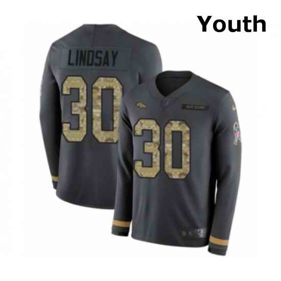 Youth Nike Denver Broncos 30 Phillip Lindsay Limited Black Salute to Service Therma Long Sleeve NFL Jersey